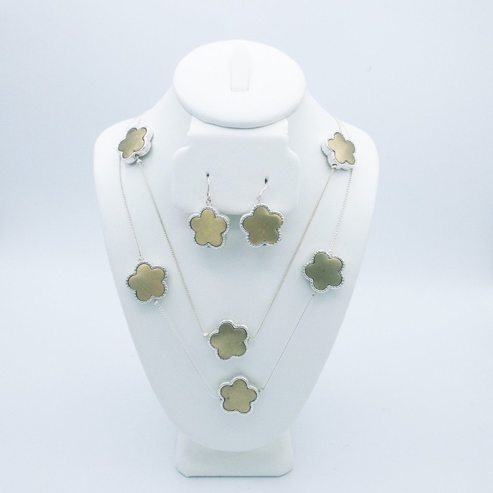 Yousi Gold Silver Flower Necklace Earring Set Double Strand Fish Hooks 16"-18"